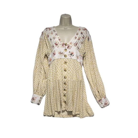 Free People Mini Dress Womens SZ M Floral Button Boho Hippie CottageCore Peasant - Picture 1 of 10